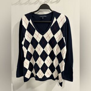 Tommy Hilfiger Women's V-Neck Argyle Sweater - Navy, White, and Red